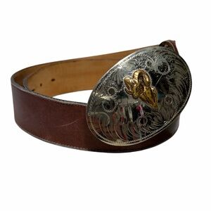 Comstock German silver belt buckle and Brown Tommy lama Leather Belt sz 36